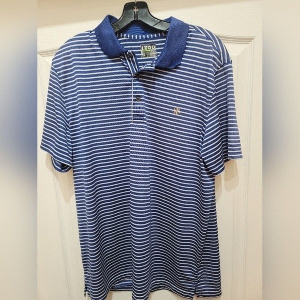 Izod Blue Stripe Polo Short Sleeve Shirt Size L